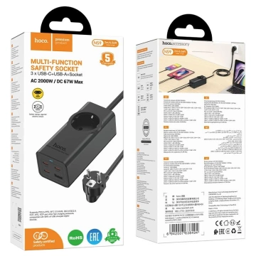 Przedłużacz Ładowarka Hoco NS9 2 m 67W 1x230V + USB-C 3x + USB-A Czarny