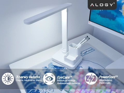 Lampka biurkowa nocna LED – akumulator 2400 mAh, organizer na długopisy i telefon, regulowane światło, idealna na biurko i do nauki – Alogy Light&Organize™ Biała