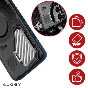 Etui do Samsung Galaxy S25 Case do MagSafe Wzmocniona Pancerna ochrona obiektywów z funkcją podstawki obudowa ochronna na telefon Alogy HeavyDuty Mag™️Czarne