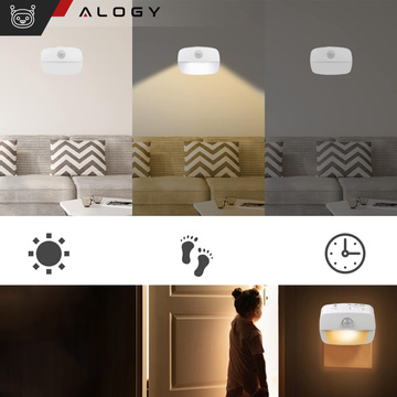 LED-Nachtlampe mit Bewegungssensor für EU-Steckdose, 3 Lichtfarben Alogy Night Light White