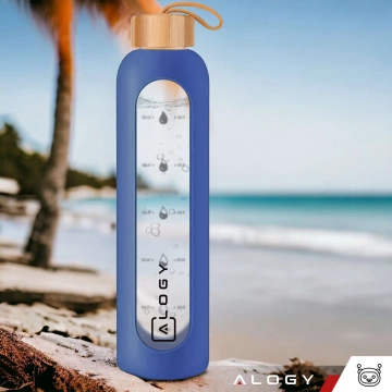 Große Glasflasche, Trinkflasche Alogy Motivational Messbecher 1l 1000ml, Silikonhülle Blau