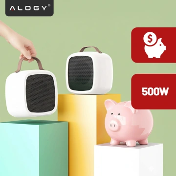 Grzejnik elektryczny mini Farelka 500W – termowentylator biurkowy do kontaktu, szybkie nagrzewanie, kompaktowy i energooszczędny – Alogy HeatPlug™ Biały