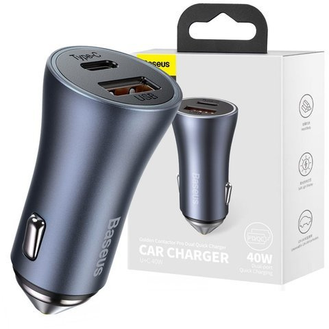 Baseus USB USB-C QC3.0 PD 40W Graues Autoladegerät