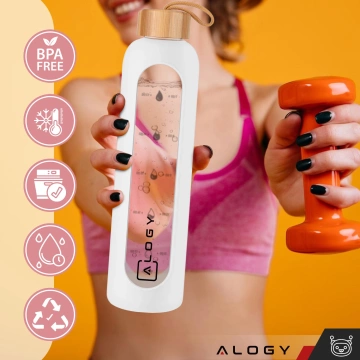 Große Glasflasche, Trinkflasche Alogy Motivational Messbecher 1l 1000ml, Silikonhülle Weiß