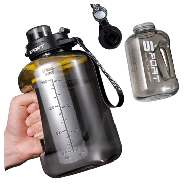 Duża Butelka Motywacyjna na Wodę 1.7L Bidon Sportowy z Miarką, Uchwytem i Pokrywką 2w1 (Dzióbek + Słomka), Wygodna i Szczelna, Alogy Sport 1700ml – Czarna