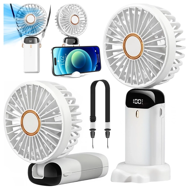 Wentylator Wiatrak Ręczny Bezprzewodowy, Przenośny i Biurkowy, z Uchwytem na Telefon, Ładowanie USB-C, Bateria 18650, Alogy CoolBreeze™ – Biały