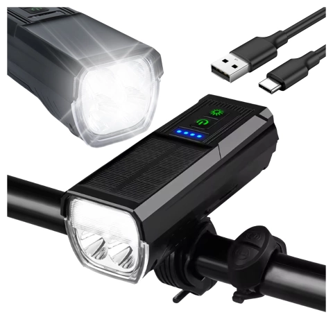 Lampka rowerowa solarna przód LED przednia światło roweru z panelem słonecznym klaksonem super mocna 1000LM 4400MAH oświetlenie wodoodporna światełko na rower czarna