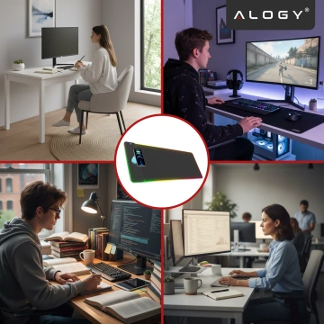 Podkładka na biurko z oświetleniem LED RGB pod myszkę mysz klawiaturę z ładowarką Qi do telefonu Alogy QiGlow Pro Mata ochronna antypoślizgowa gamingowa XL 80x30 cm Czarna