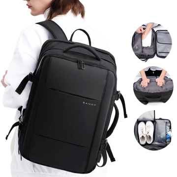 Bange Wasserdichter Laptop-Rucksack für Städtetrips, 46 x 30,5 x 20 cm, erweiterbar für Flugreisen, für Damen und Herren, mit Vakuumfach und Vakuumpumpe, Schwarz