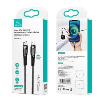 USAMS Geflochtenes Kabel USB-C auf Lightning Smart Power-off 20 W PD-Kabel 1,2 m Schwarz