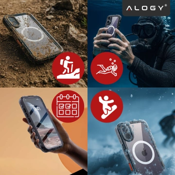Etui Wodoodporne do Apple iPhone 17 6.3", Pancerna Obudowa 360° z Przezroczystym Tyłem, Kompatybilna z MagSafe, Alogy HydroArmor™ IP68 Case – Czarne