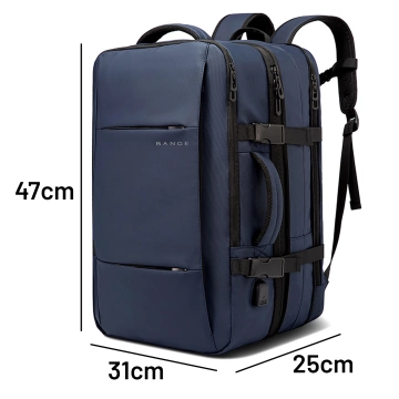 Plecak wodoodporny Bange na laptopa 15.6" miejski podróżny 47x31x15-25 cm do pracy samolotu męski damski z portem USB Granatowy