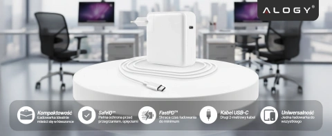 Ładowarka zasilacz do Apple MacBook – szybkie ładowanie Power Delivery PD 61W, kabel USB-C do USB-C 2 m, uniwersalna i bezpieczna – Alogy PowerLink™ Biały