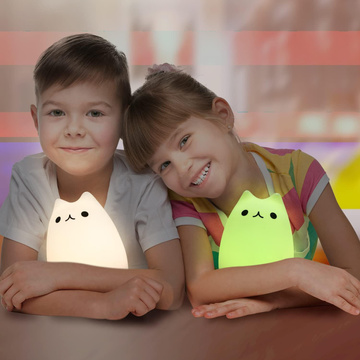 Lampka nocna LED RGB dla dzieci kotek kot akumulatorowa USB 16 kolorów silikonowa dotykowa biała