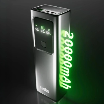 Powerbank SBS 20000mAh 100W LCD USB-C PD USB-A Szary