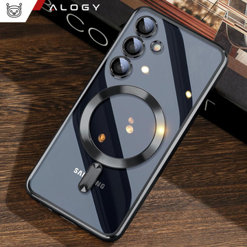 Etui do Samsung Galaxy S24 Mag Safe Glamour Case Ring obudowa ochrona aparatów Alogy Czarne przezroczyste + Szkło