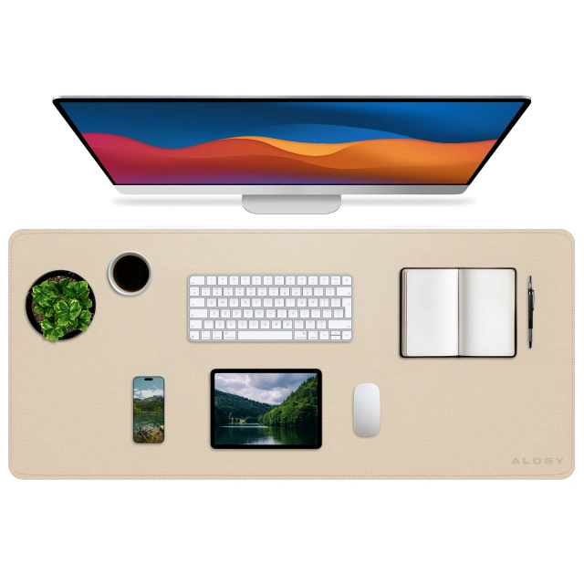 Podkładka na biurko 80×40 cm – antypoślizgowa mata ochronna z eleganckiej ekoskóry PU, pod mysz i klawiaturę, stylowa i trwała – Alogy WorkMat™ Beżowa