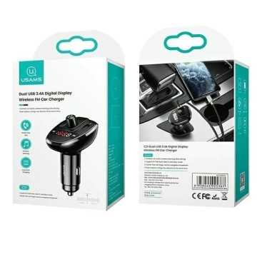  Zestaw głośnomówiący do auta USAMS C21 z transmiterem FM, Bluetooth 5.0, MP3, 2xUSB 3,4A CC115GC01 (US-CC115) czarny/black