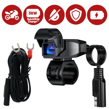 Kewig USB-C Motorradladegerät 36W, QC-Schnellladung, wasserdicht (IP65) mit Ein-/Ausschalter und LED-Hintergrundbeleuchtung, Lenkerhalterung, für Handy, Kamera und Gegensprechanlage – Schwarz