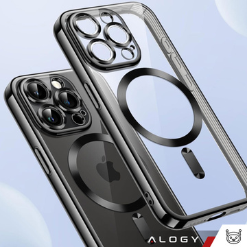 Etui MagSafe Case do iPhone 15 Pro Glamour Luxury obudowa Slim Ring Alogy Czarne przezroczyste + Szkło