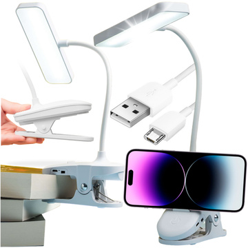 LED-Schreibtisch-Nachtlicht, Lesepult mit Clip, Clip-Lampe, Touch 3 Modi, kabelloses USB-Kabel, Weiß