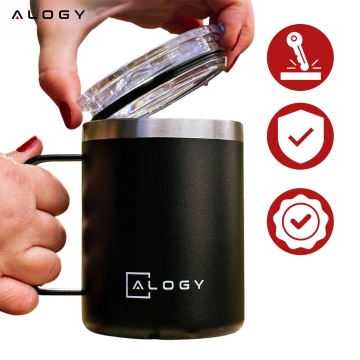 Thermobecher 420 ml mit Henkel und Deckel für Kaffee, Tee, Stahl, Kalt- und Heißgetränke, Alogy Black