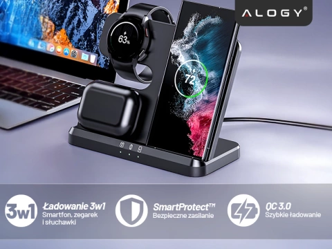 Ładowarka Bezprzewodowa Indukcyjna 3w1 Qi 3.0 Szybka do Samsung S22 S23 S24 S25 Galaxy Watch Buds Stacja czarna 