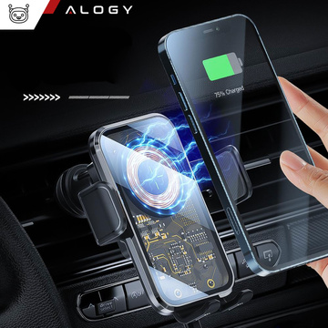 Uchwyt samochodowy z ładowarka indukcyjna Qi 15W na kratkę samochodu auta kratki do telefonu 6.9" Alogy Czarny