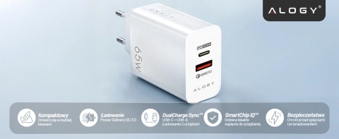 Ładowarka sieciowa USB-A + USB-C – szybkie ładowanie QC 3.0 i PD 33W 65W, kompaktowa, uniwersalna do telefonu i laptopa – Alogy GaN PowerCharge™ Biała