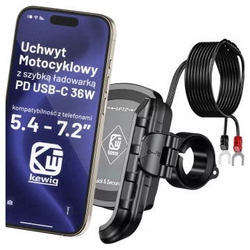 Uchwyt Motocyklowy na Telefon z Szybkim Ładowaniem 36W USB-C PD Kewig do Kierownicy i Lusterka, Rotacja 360°, Kompatybilny z Telefonami 5.4–7" - Czarny