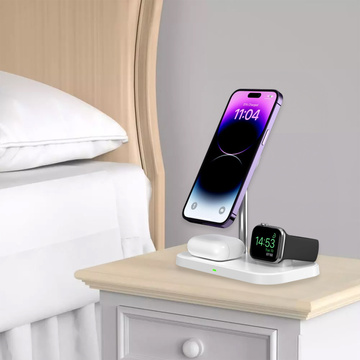 Ładowarka indukcyjna Qi Mag Safe 15W do iPhone Apple Watch AirPods 3w1 bezprzewodowa stojak podstawka biała