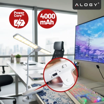 Lampka biurkowa nocna LED – akumulator 4000 mAh, podwójne oświetlenie, elastyczne ramię, klips z regulacją, idealna do biurka i łóżka – Alogy SmartClip™ Light Biała