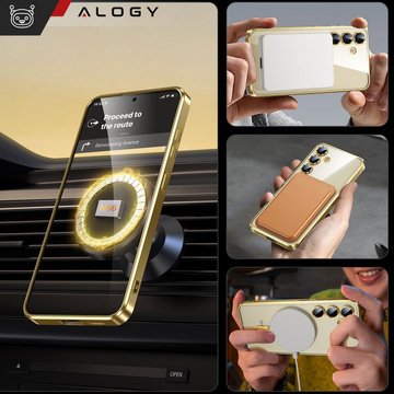 Etui do Samsung Galaxy S24 Mag Safe Glamour Case Ring obudowa ochrona aparatów Alogy Złote przezroczyste + Szkło
