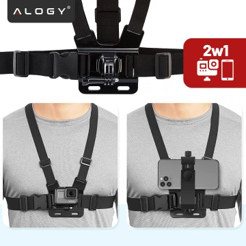 Szelki sportowe na klatkę piersiową – uniwersalny uchwyt do kamery, aparatu i telefonu, stabilne nagrywanie POV, regulowane paski – Alogy ChestMount™ Czarne