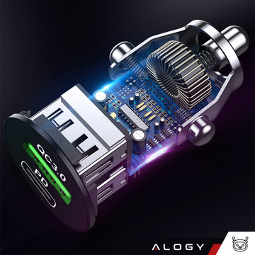 Ładowarka samochodowa 38W USB QC 3.0 18W + USB-C C PD 20W szybka mocna do telefonu Alogy Car czarna + Kabel USB-C 1m