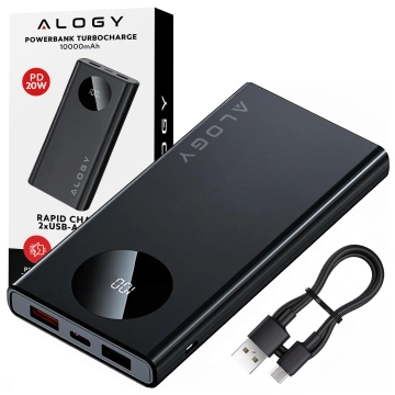 PowerBank 10000mAh z Technologią PD 120W, Szybkie Ładowanie PowerDelivery, Porty 2x USB-A i 1x USB-C, Wysoka Moc i Kompaktowy Design, Alogy TurboCharge™ – Czarny