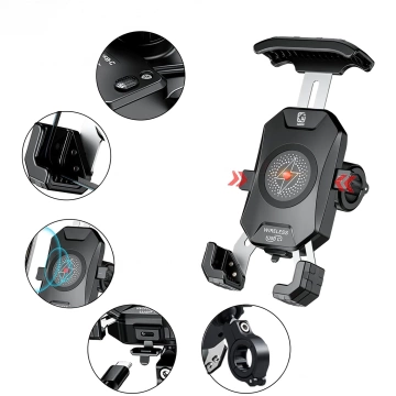 Uchwyt Motocyklowy na kierownicę KEWIG M14-A1 na telefon z ładowarką Qi + PD USB-C na motor quada skuter Czarny