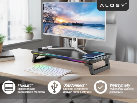 Podstawka pod monitor z lampką listwą świetlną RGB z wejściami HUB USB (3× USB-A, 1× USB-C) – biurkowa do Home Office, Gaming, poprawa ergonomii – Alogy MonitorStand™ Czarna