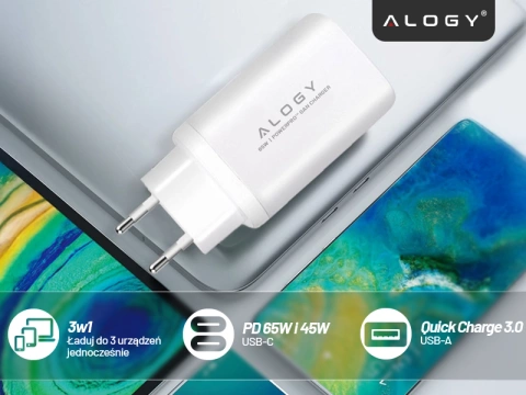 Ładowarka Sieciowa Szybka 3w1 do telefonu samsung iphone GaN3 65W PD i QC, Porty 2x USB-C 65W + USB-A 30W, Alogy GaNCharge Compact™ – Biała