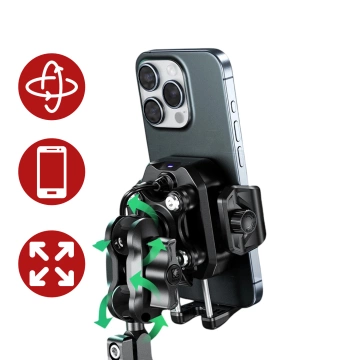 Uchwyt Motocyklowy na kierownicę KEWIG M33-A1 na telefon z ładowarką Qi 15W + PD 30W USB-C z systemem przeciwwstrząsowym na motor quada skuter Czarny