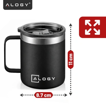 Thermobecher 420 ml mit Henkel und Deckel für Kaffee, Tee, Stahl, Kalt- und Heißgetränke, Alogy Black