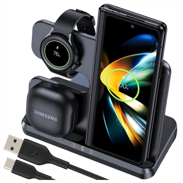 Ładowarka Bezprzewodowa Indukcyjna 3w1 Qi 3.0 Szybka do Samsung S22 S23 S24 S25 Galaxy Watch Buds Stacja czarna 