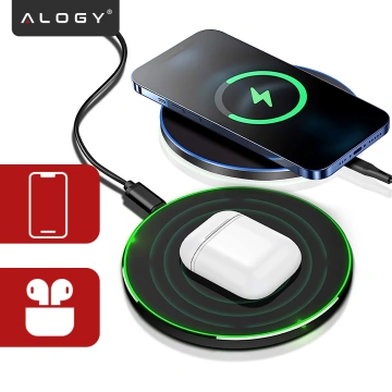 QI kabelloses induktives Ladegerät 15 W schnelle LED Alogy rund für iPhone USB-C-Kabel Schwarz