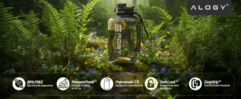 Duża Butelka Motywacyjna na Wodę 1.7L Bidon Sportowy z Miarką, Uchwytem i Pokrywką 2w1 (Dzióbek + Słomka), Wygodna i Szczelna, Alogy Sport 1700ml – Czarna
