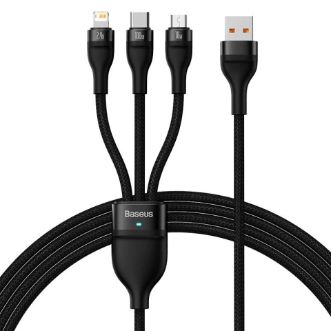 Kabel USB 3w1 Baseus Flash Serie, USB-C Micro USB Lightning, 100W, 1.2m (schwarz)