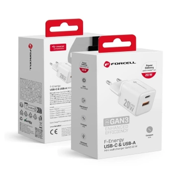 Forcell Mini GaN III 20W USB-C USB-A PD QC4.0 Wandladegerät
