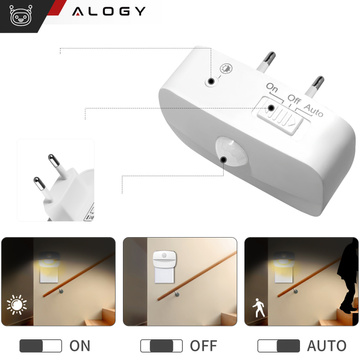 3x Lampka nocna LED z czujnikiem ruchu do gniazdka EU 3 barwy światła Alogy Night Light Biała