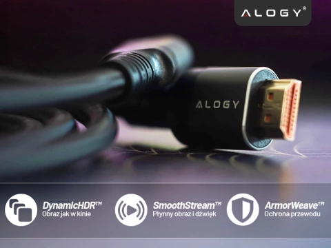 Kabel HDMI 2.1 10 m, 4K/8K Alogy Ultra High Speed™ 48 Gbps 60Hz, Premium z Pozłacanymi Końcówkami, Nylonowy Oplot, Miedziany – Czarny