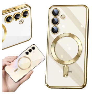 Etui do Samsung Galaxy S24 FE Alogy LuxeShield™️ Glamour Luxury Ring obudowa do MagSafe z osłoną aparatów Złote + szkło hartowane