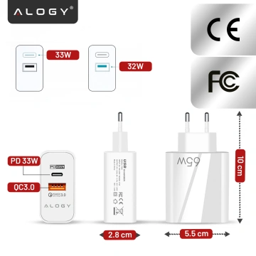 Ładowarka sieciowa USB-A + USB-C – szybkie ładowanie QC 3.0 i PD 33W 65W, kompaktowa, uniwersalna do telefonu i laptopa – Alogy GaN PowerCharge™ Biała